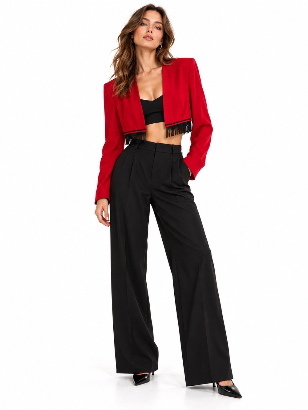 Nina K Size 12 Red Black Cropped Fringe Bolero Jacket Vintage Statement Marching